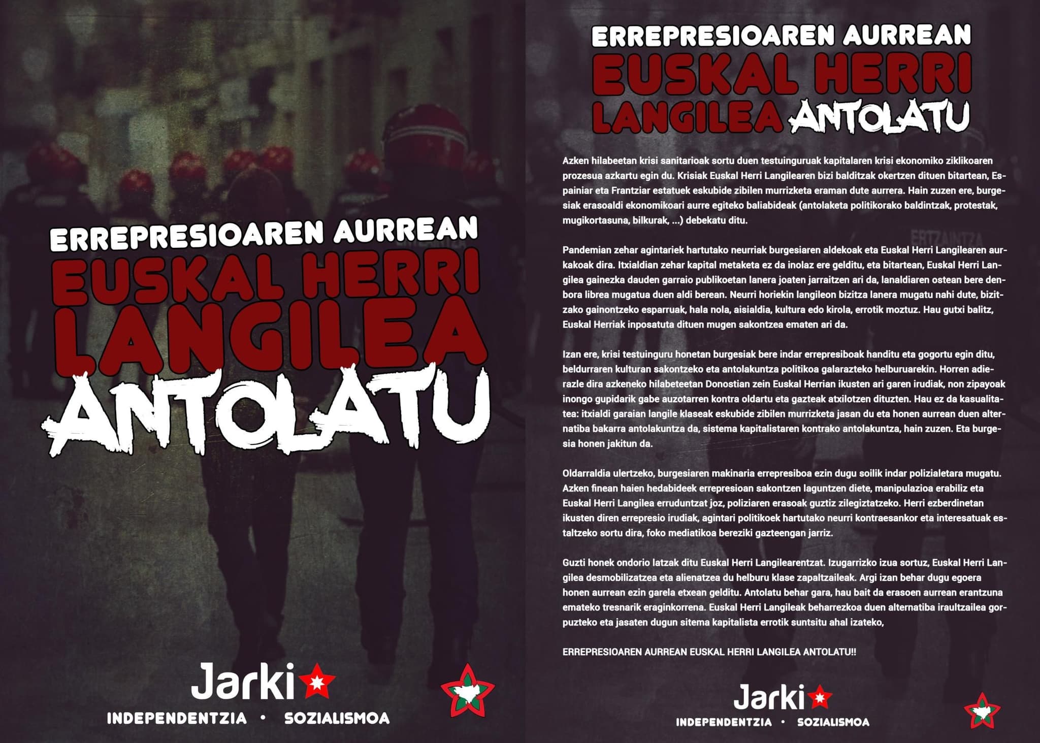 JARKI-k Donostian errepresioaren aurka martxan jarritako kanpainaren agiria