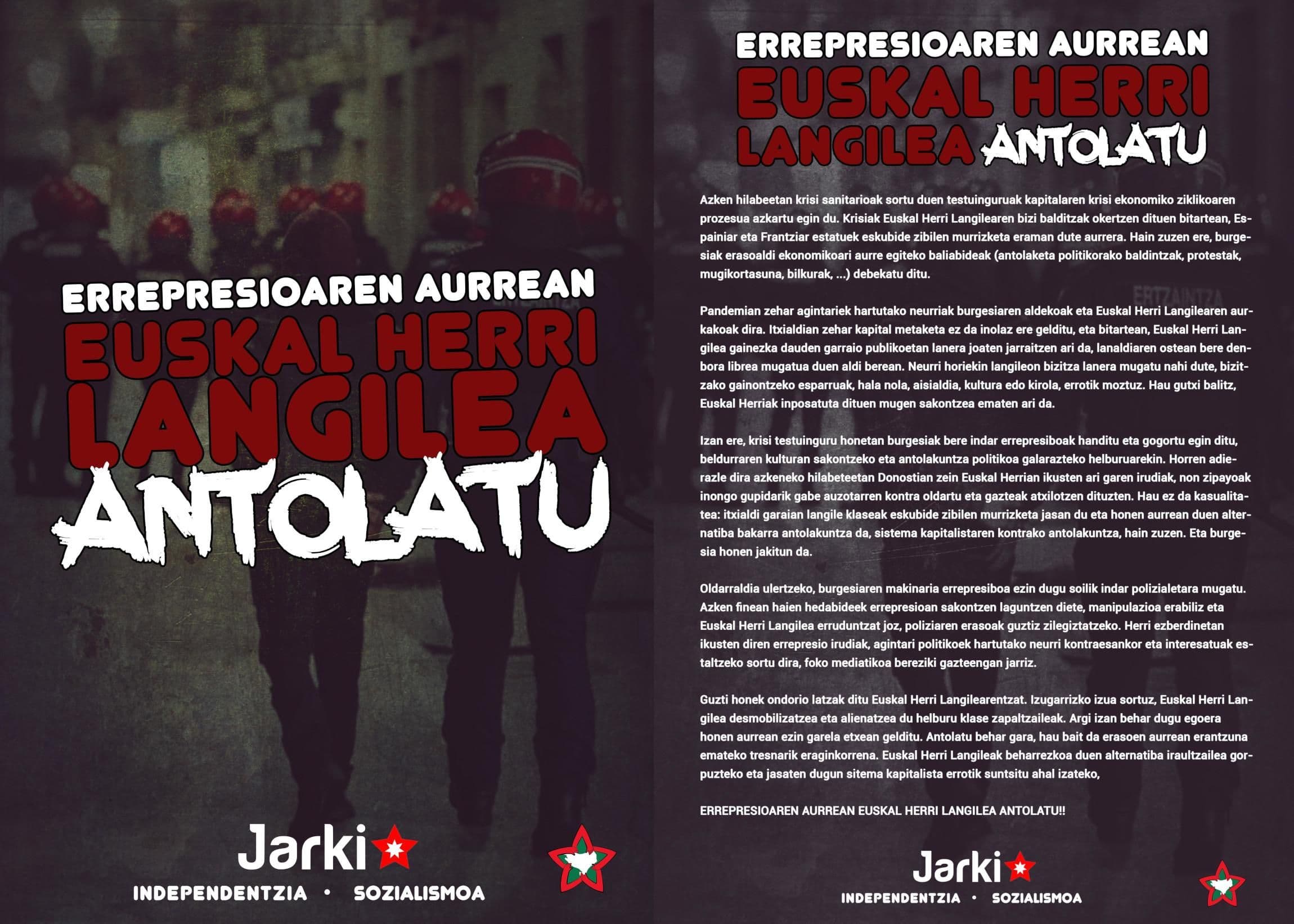 JARKI-k Donostian errepresioaren aurka martxan jarritako kanpainaren agiria