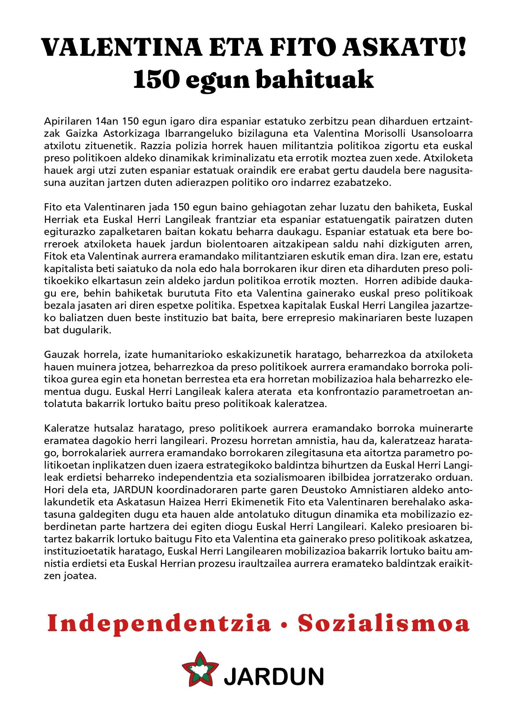 Fito eta Valentina 150 egun kartzelan bahituak daramakitela salatzeko ateratako agiria