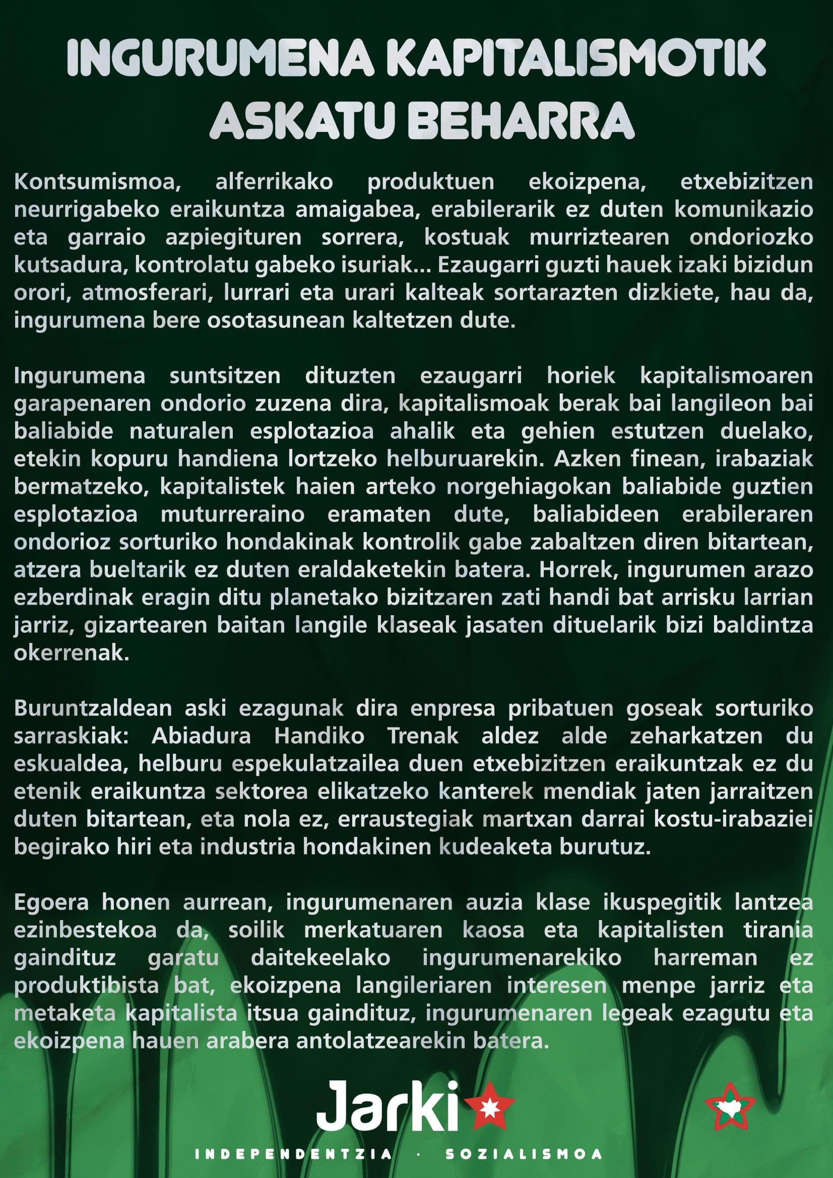 JARKI-k Buruntzaldean, klase ekologismoaren inguruko kanpainarako egindako irakurketa